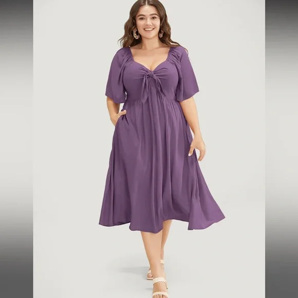 solid ruched ruffle hem dress abyoxi Solid Color V-Neck Long Flare Sleeve Waist Ruched Ruffle Hem Satin Elegant Party Dress, Suitable For Wedding, Birthday Party, Back To School